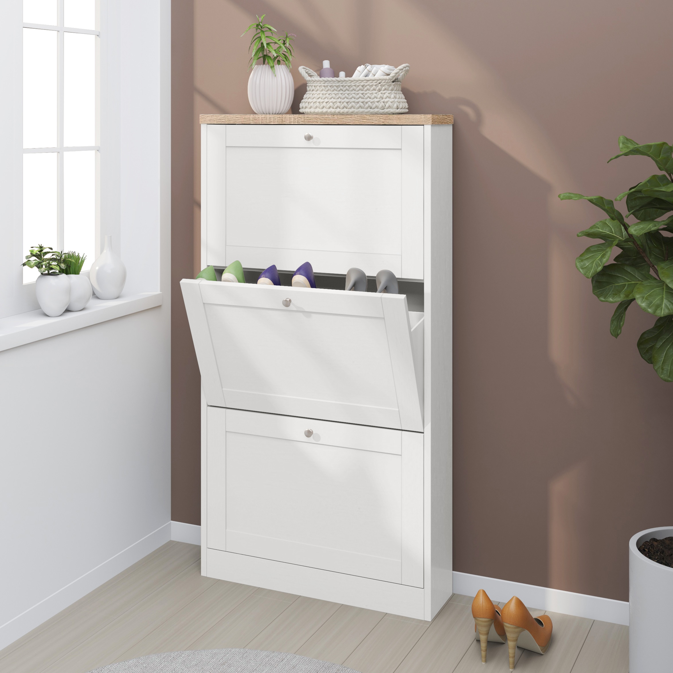 Dorel Home HEIDE Shoe Chest 3FL WSOak, White