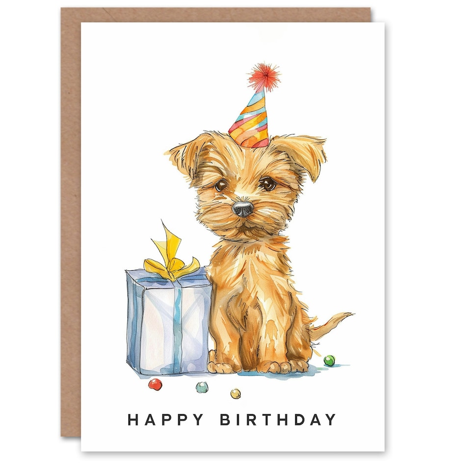 image 1 of Cute Terrier Puppy Party Hat Kids Girl Boy Child Kids Birthday Card