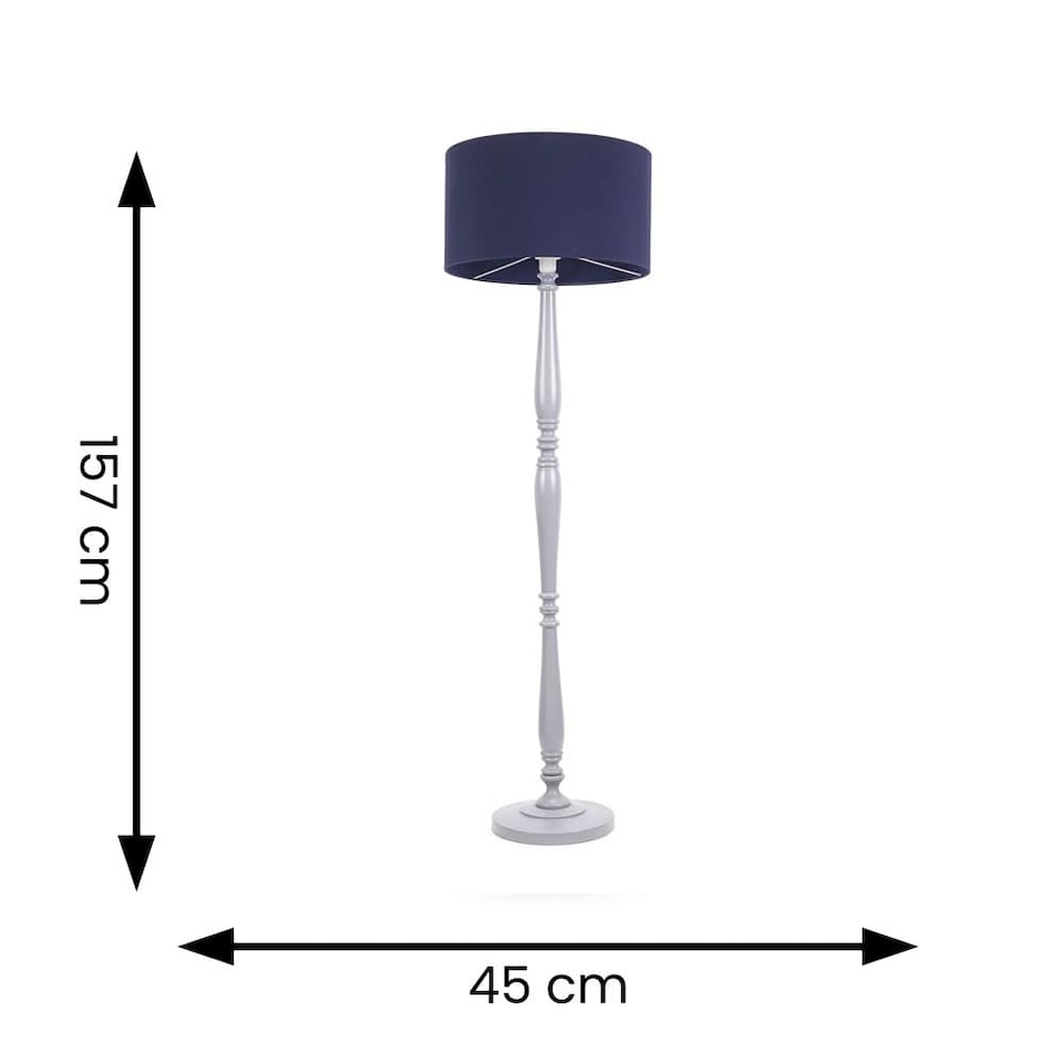 image 1 of ValueLights Victoria Grey Wood Floor Lamp Navy Blue Shade | Grey | Navy