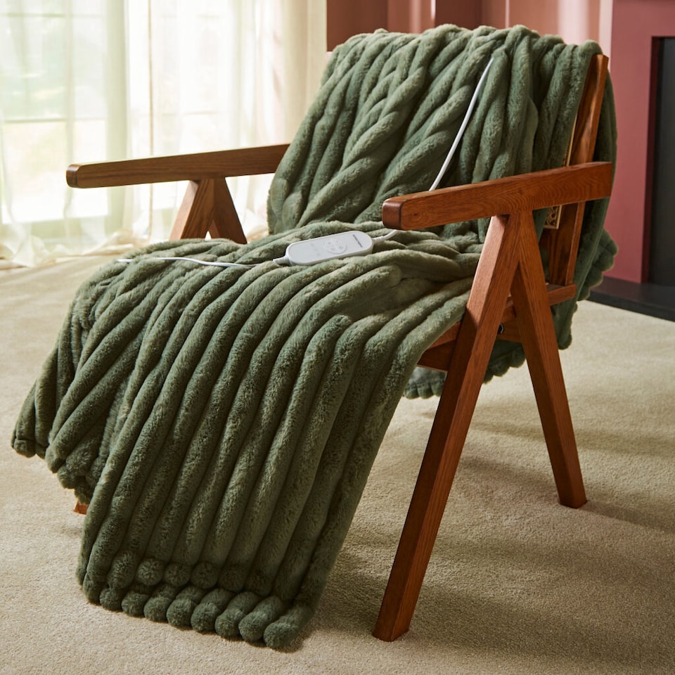 image 1 of Morphy Richards Flannel Fleece & Striped Faux Fur Throw 160cm X 130cm Green