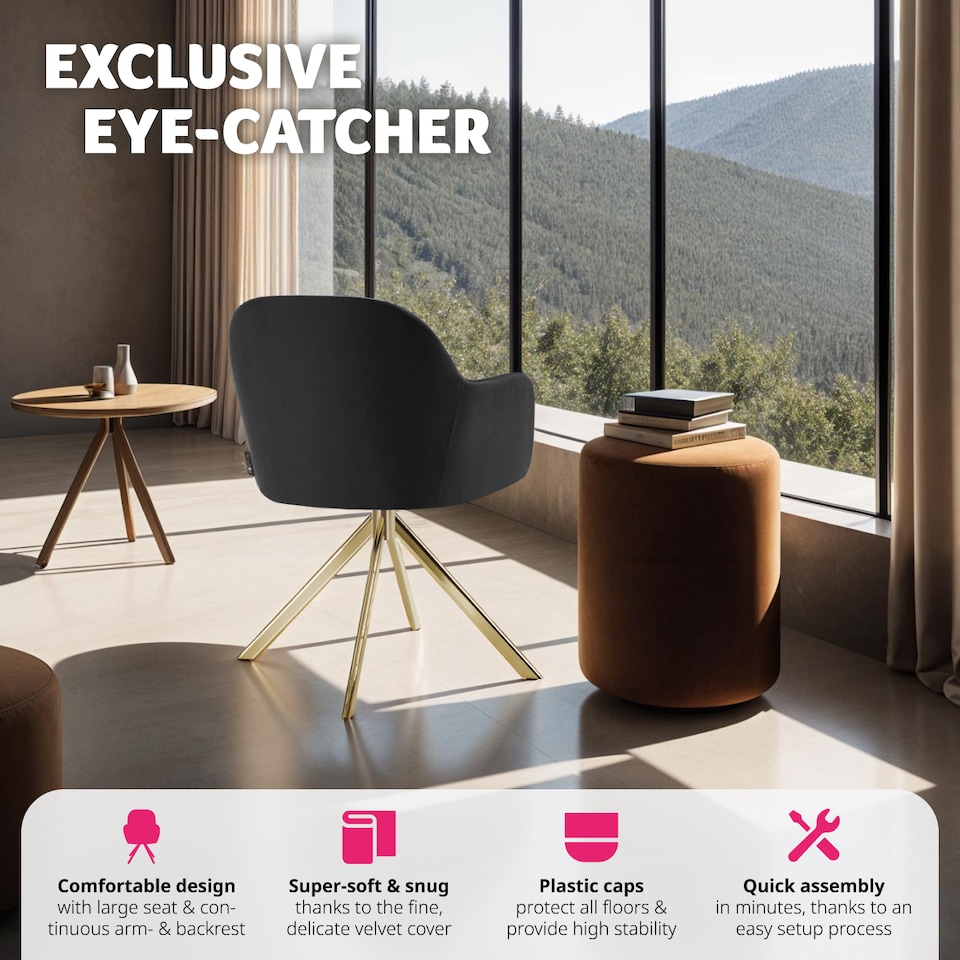 image 1 of Lounge Armchair Living Room Accent Chair 360 Swivel Slim Steel Legs Velvet Fabric | Black | black/gold | 4