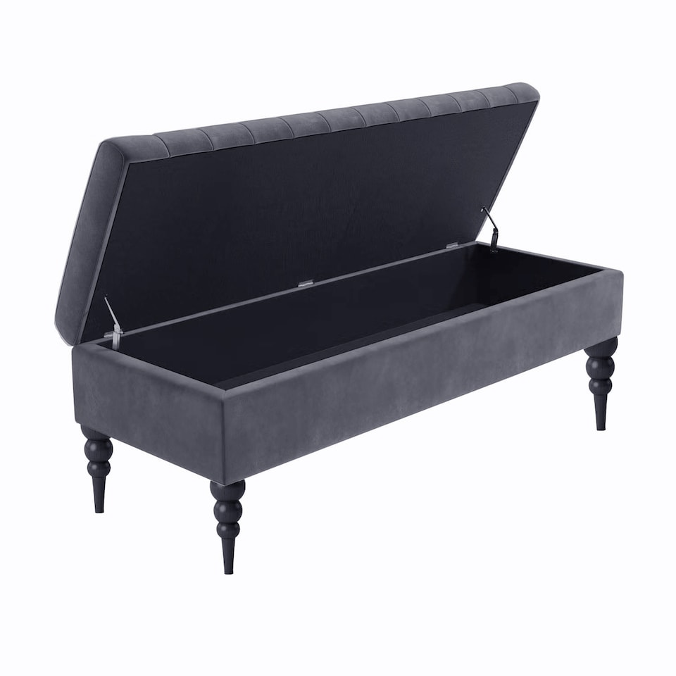 image 1 of 150cm Sierra Striped Ottoman Storage Bench with Black Turned Wooden Legs - Steel Grey Plush Velvet Upholstered Shoes Bench