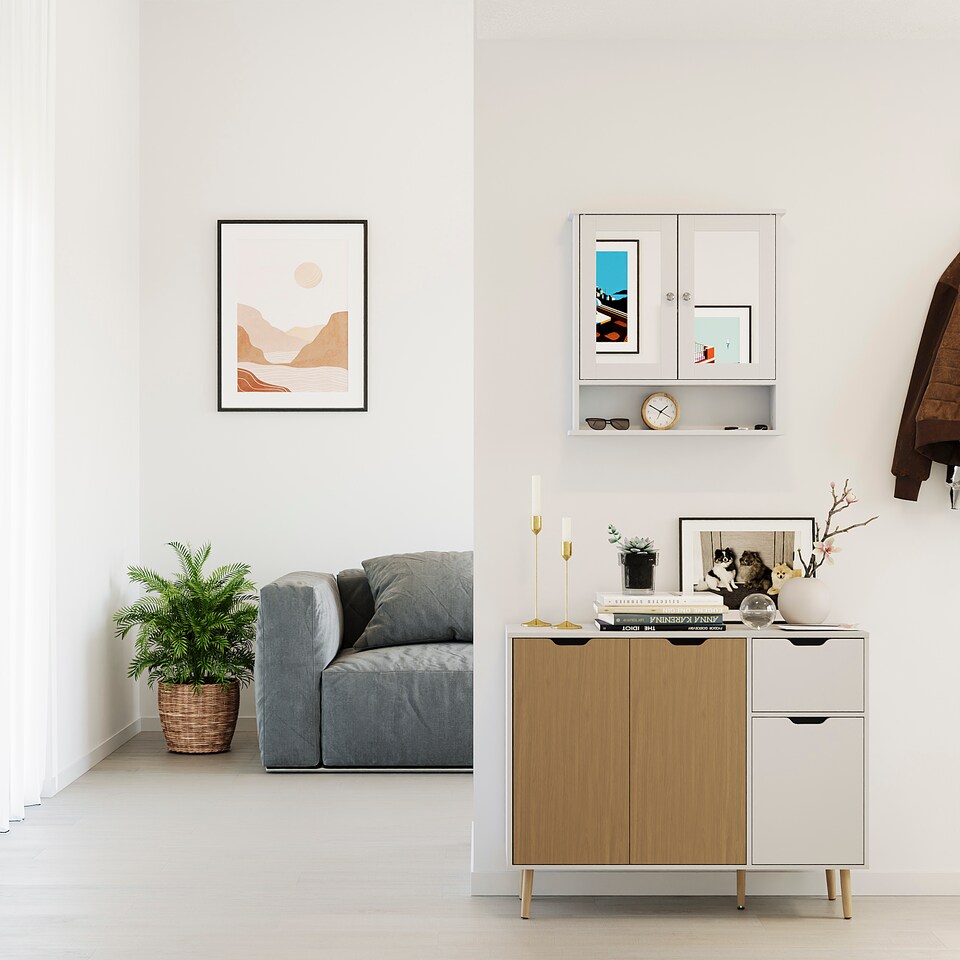 image 1 of Bath Vida Priano 2 Door Mirrored Wall Mounted Bathroom Cabinet With Shelf, White | White | 1