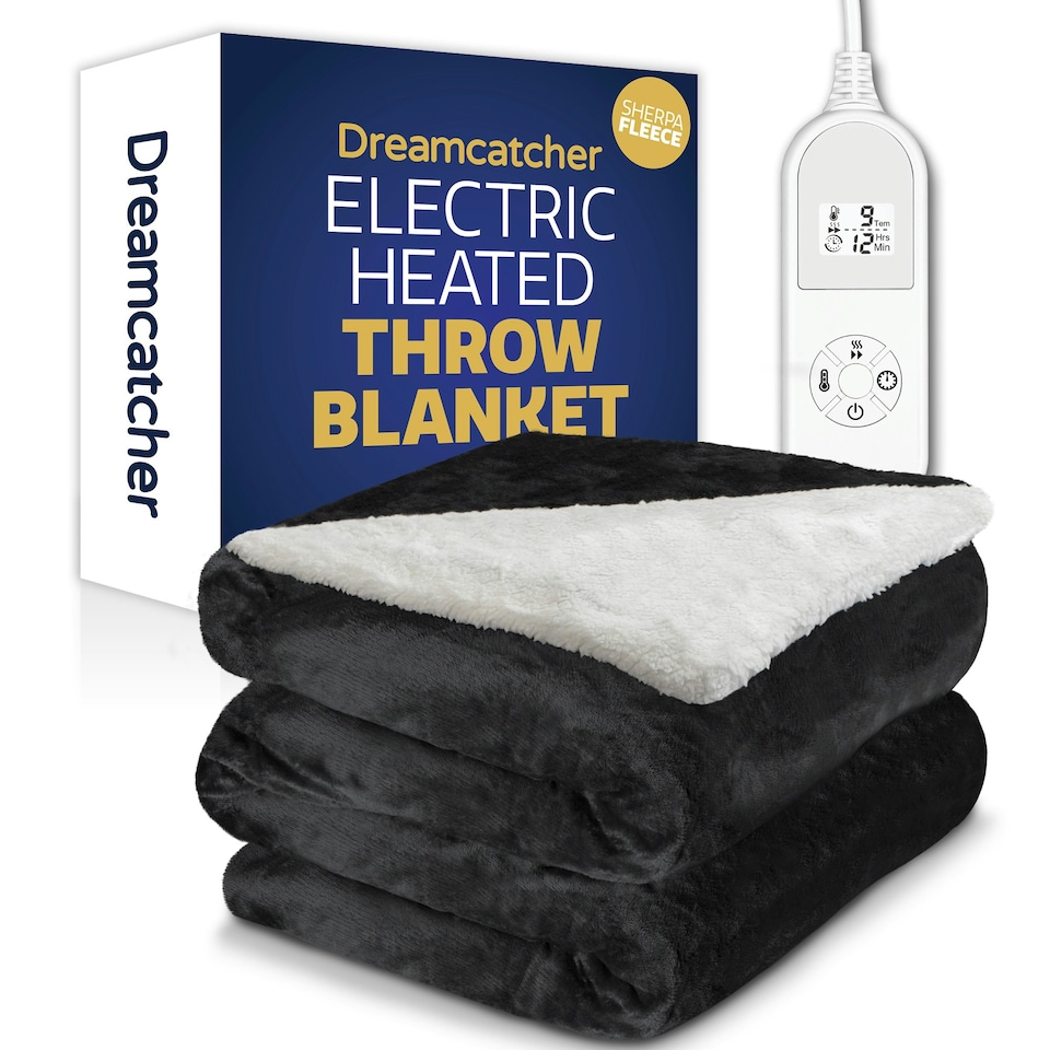 image 1 of Dreamcatcher Black Soft Microfleece & Sherpa Electric Blanket Heated Throw 160x120cm Black