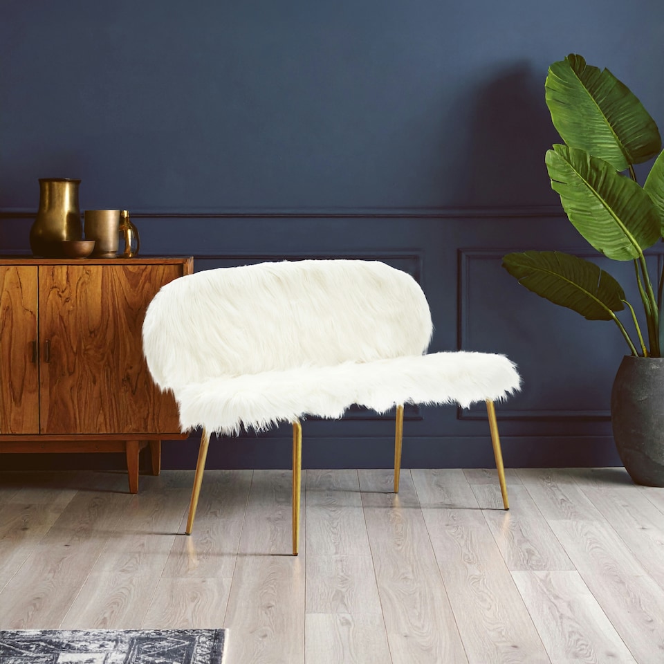 image 1 of Interiors By Premier Stylish Sofa With Gold Finish Legs, Crisp White Seat 2 Seater Sofa For Bedroom, Faux Fur Upholstered Couch White