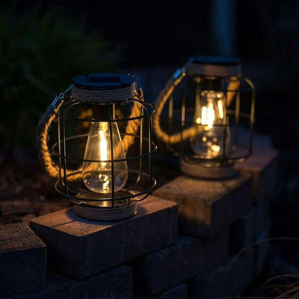 image 1 of ValueLights 2 pack of Solar powered Lantern cage with Hemp Rope Handle