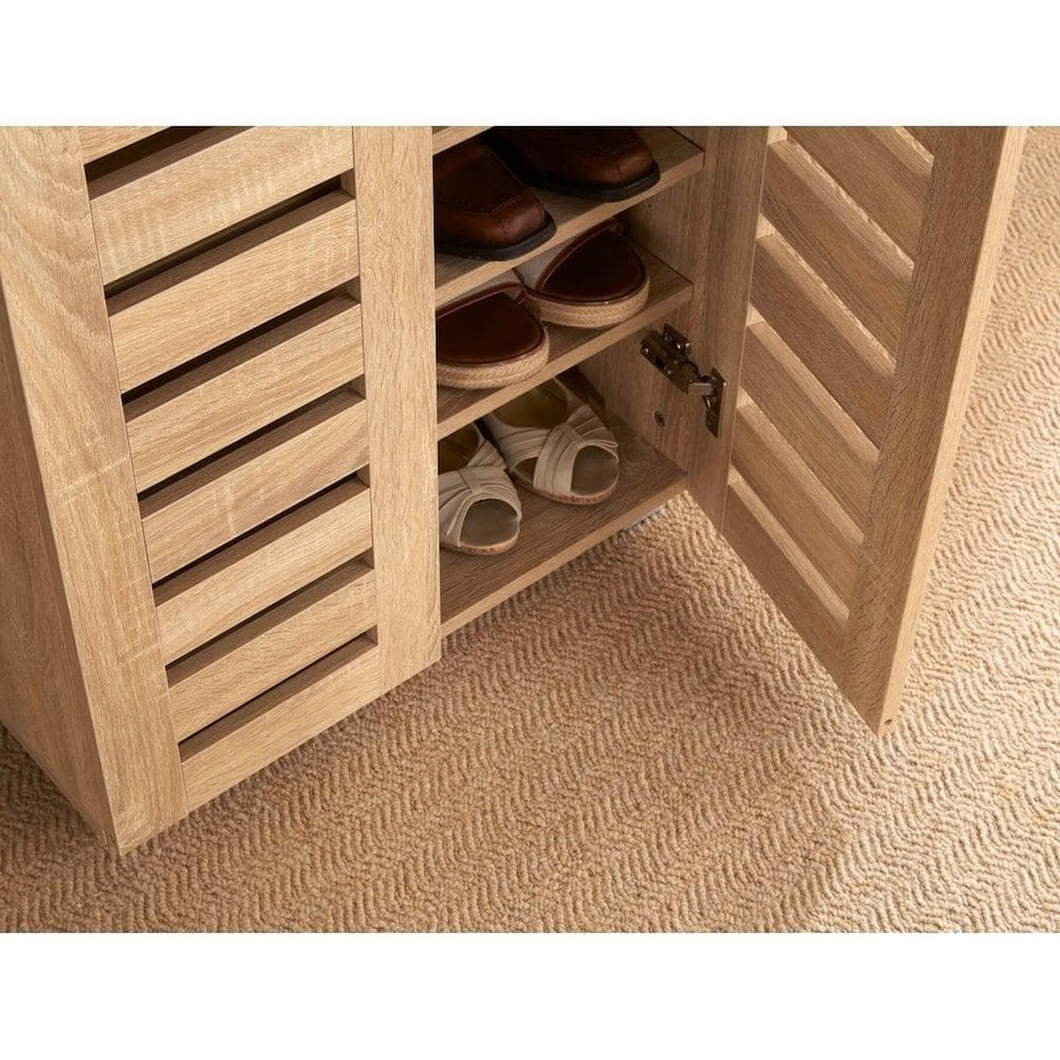 image 1 of Oslo 2 Door Wooden Shoe Storage Cabinet Rack Stand Cupboard Slatted Doors | Brown
