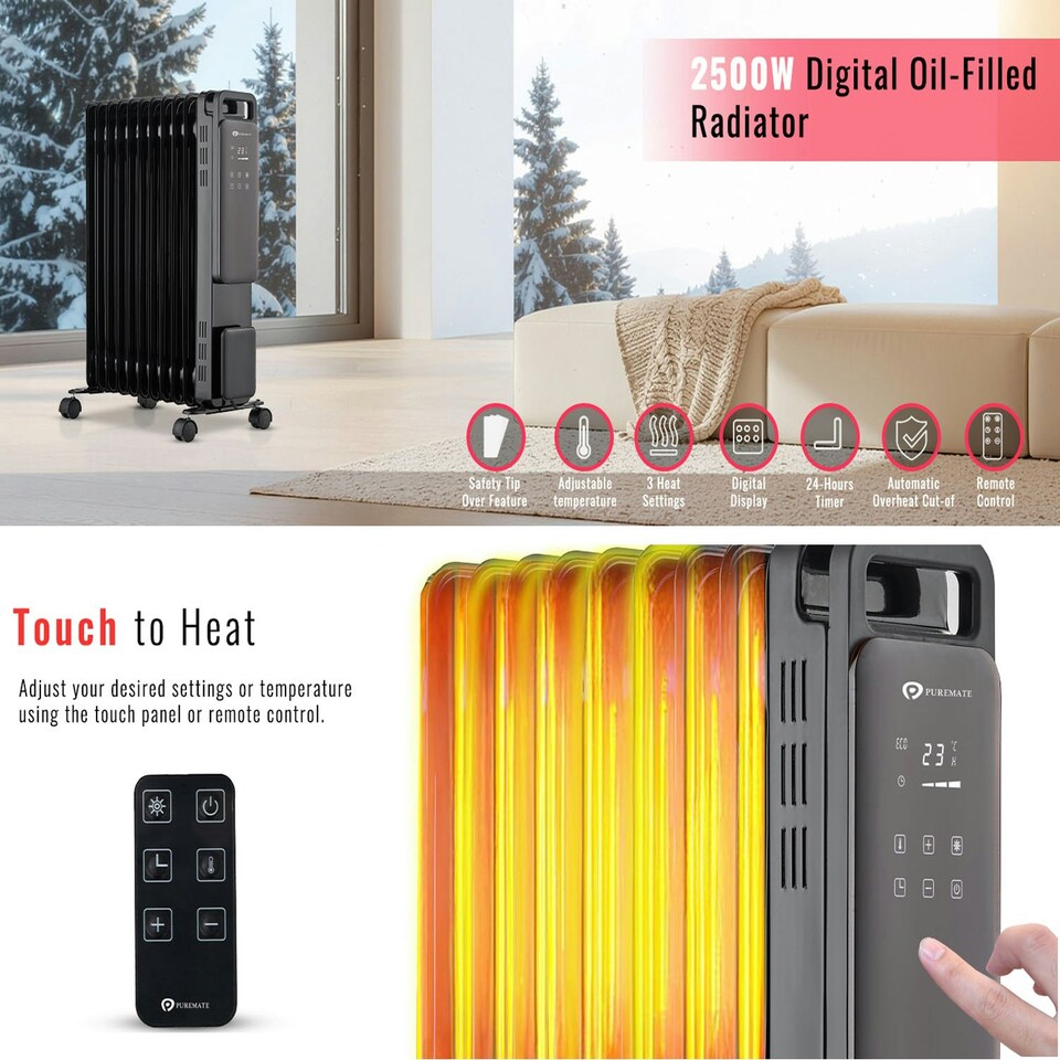 image 1 of PureMate 2500W 11-Fin Oil Filled Radiator | Portable Heater with Digital Thermostat, 24Hr Timer & Eco Mode
