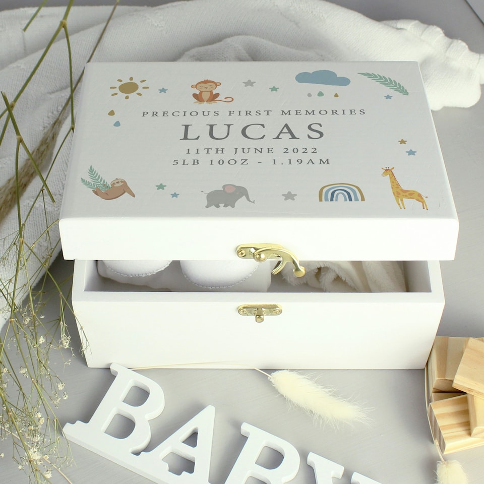 image 1 of Personalised Safari Animals Small Wooden Keepsake Box White