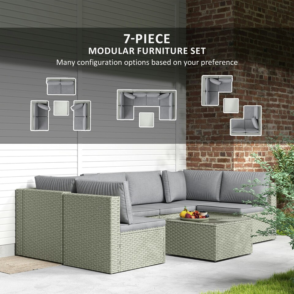 image 1 of Outsunny 7 Pieces Rattan Garden Furniture Set with Cushions, Light Brown Brown | Light Brown
