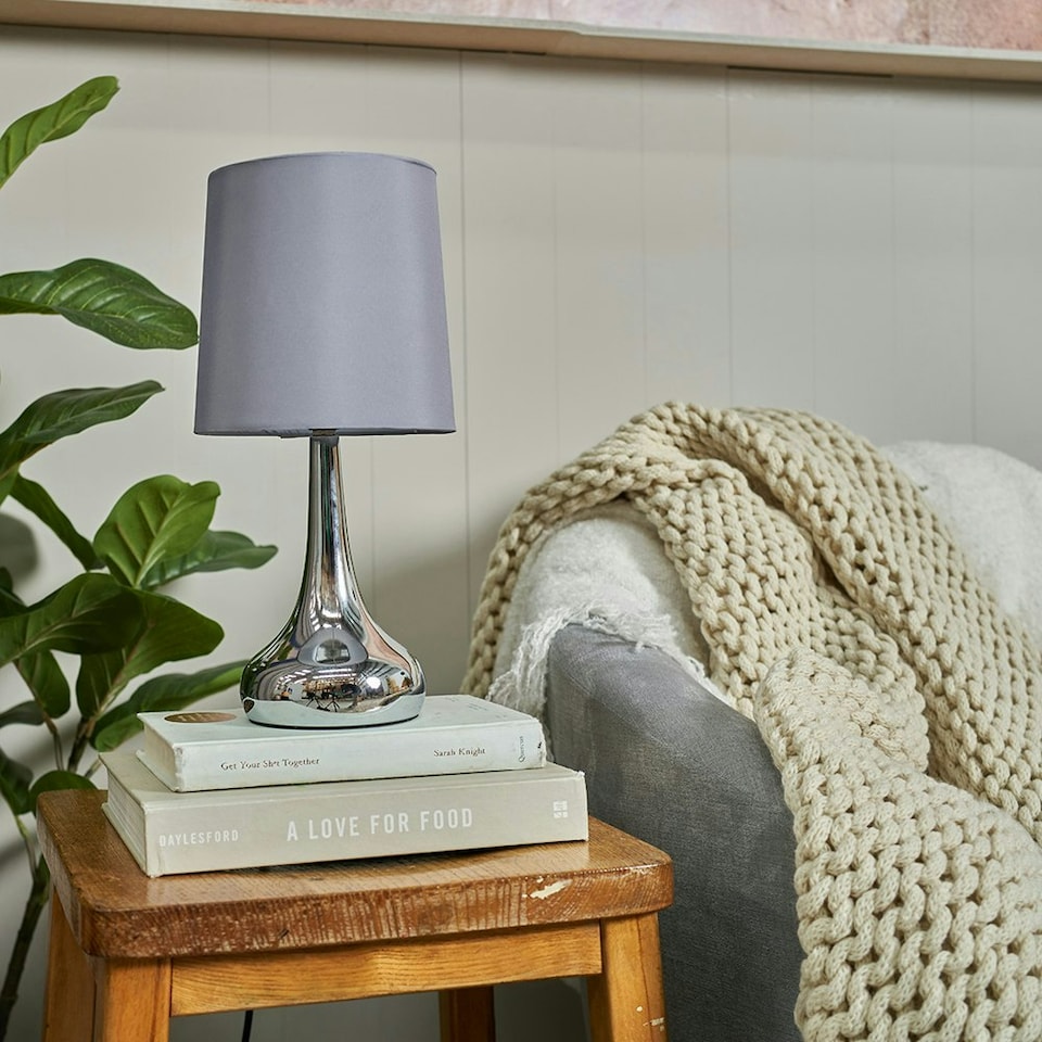 image 1 of ValueLights Teardrop Pair of Chrome Touch Table Lamps with Grey Shade and Bulbs