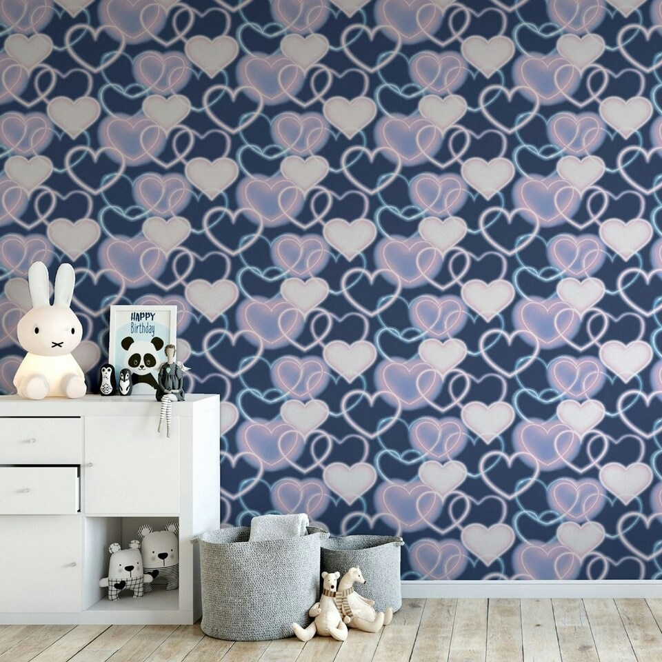 image 1 of Arthouse Neon Heart Wallpaper - Navy Blue/Pink - 10m x 0.5m Blue
