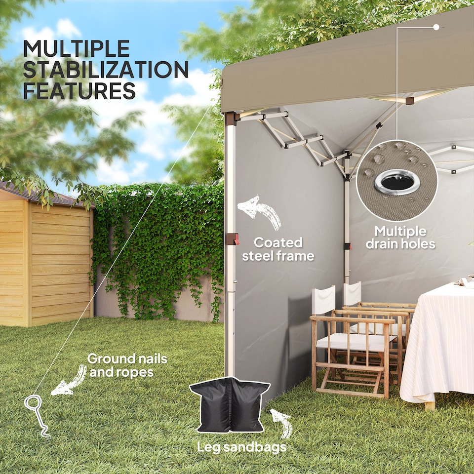 image 1 of Outsunny 3 x 3 M Pop Up Gazebo, UPF 30 with 2 Sidewalls, Leg Weight Bags and Wheeled Bag, Height Adjustable Party Tent Event Shelter for Garden, Patio | Brown | Khaki | 1
