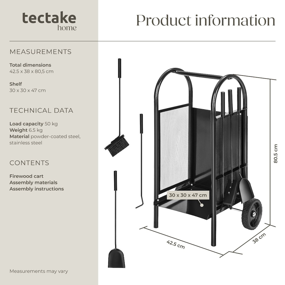 image 1 of Log Holder - fireplace wood storage, with broom, shovel and poker