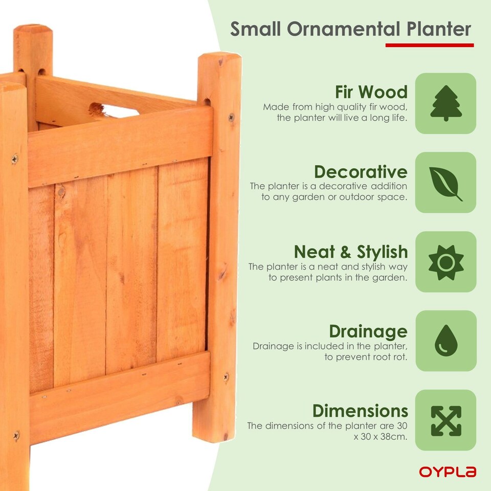 image 1 of Oypla Garden Wooden Square Flower Planter Ornamental Plant Pot Brown