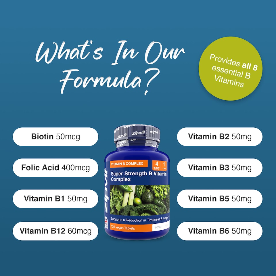 image 1 of Zipvit Super Strength B Complex, Energy, Immunity & Mental Performance Support, 120 Vegan Tablets, 4-Month Supply
