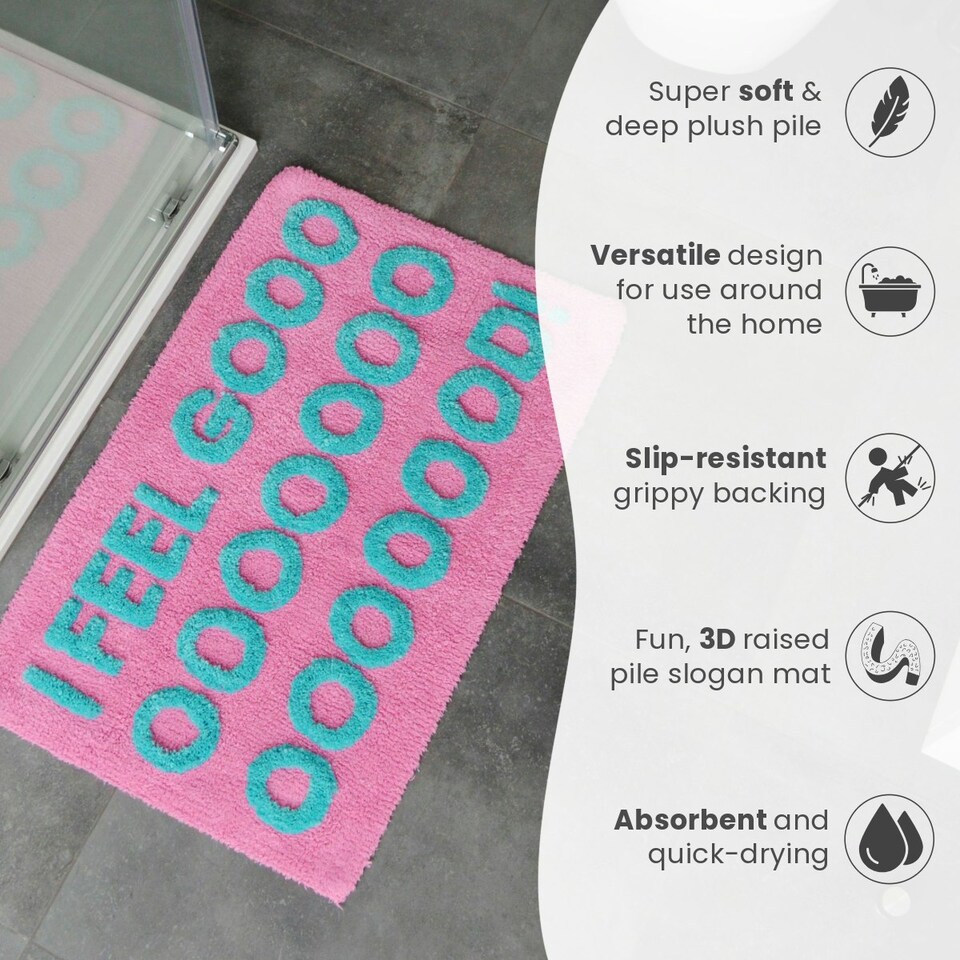 image 1 of I Feel Good Slogan Bath Mat Non Slip, Colourful Tufted Rug Pink