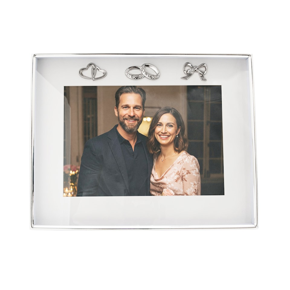 image 1 of Modern Wedding Picture Frame in Silver Plating with Rings and Hearts | Silver | One Size
