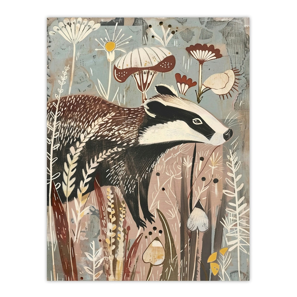 image 1 of Rustic Badger Woodland Forest Wildflowers Living Room Black Framed Wall Art Print A4