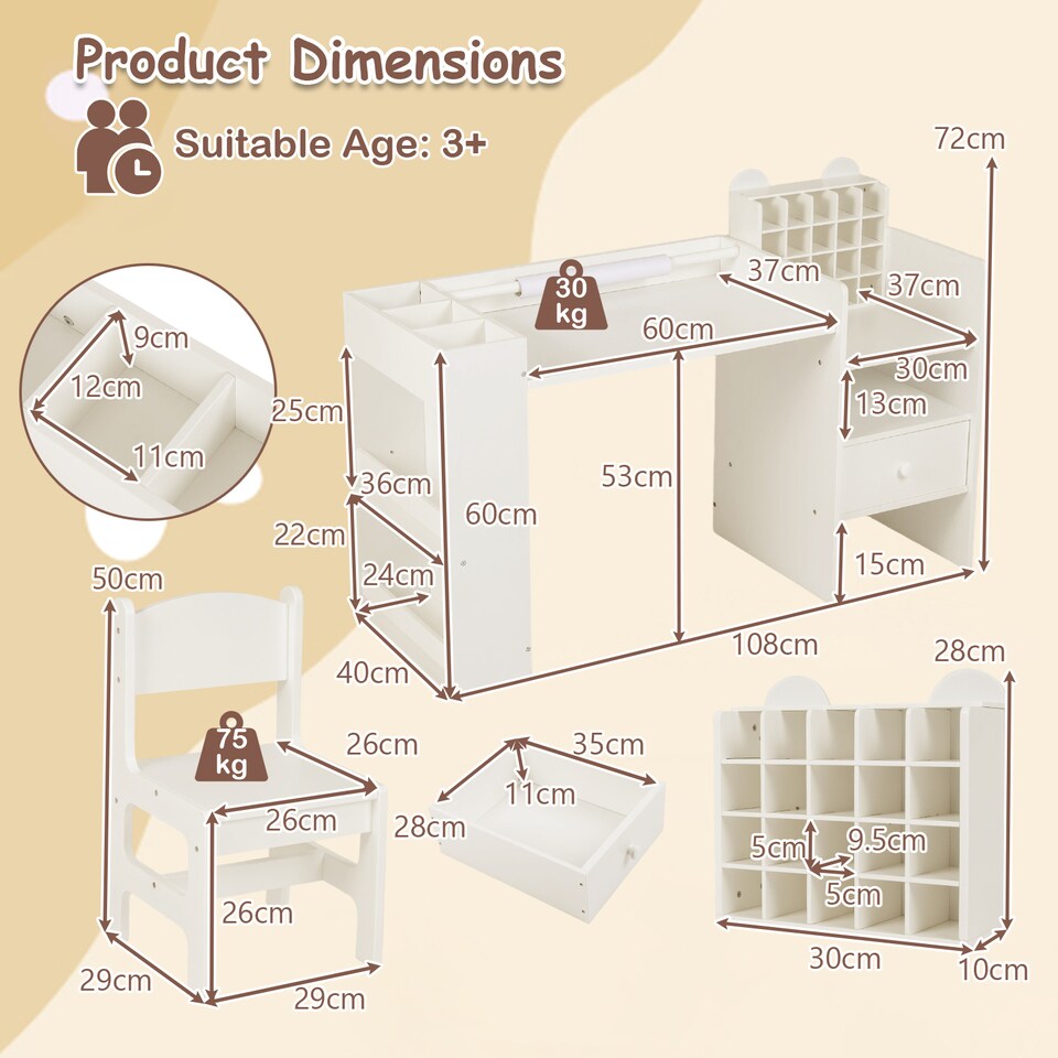 image 1 of COSTWAY Kids Art Table & Chair Set Toddler Desk White