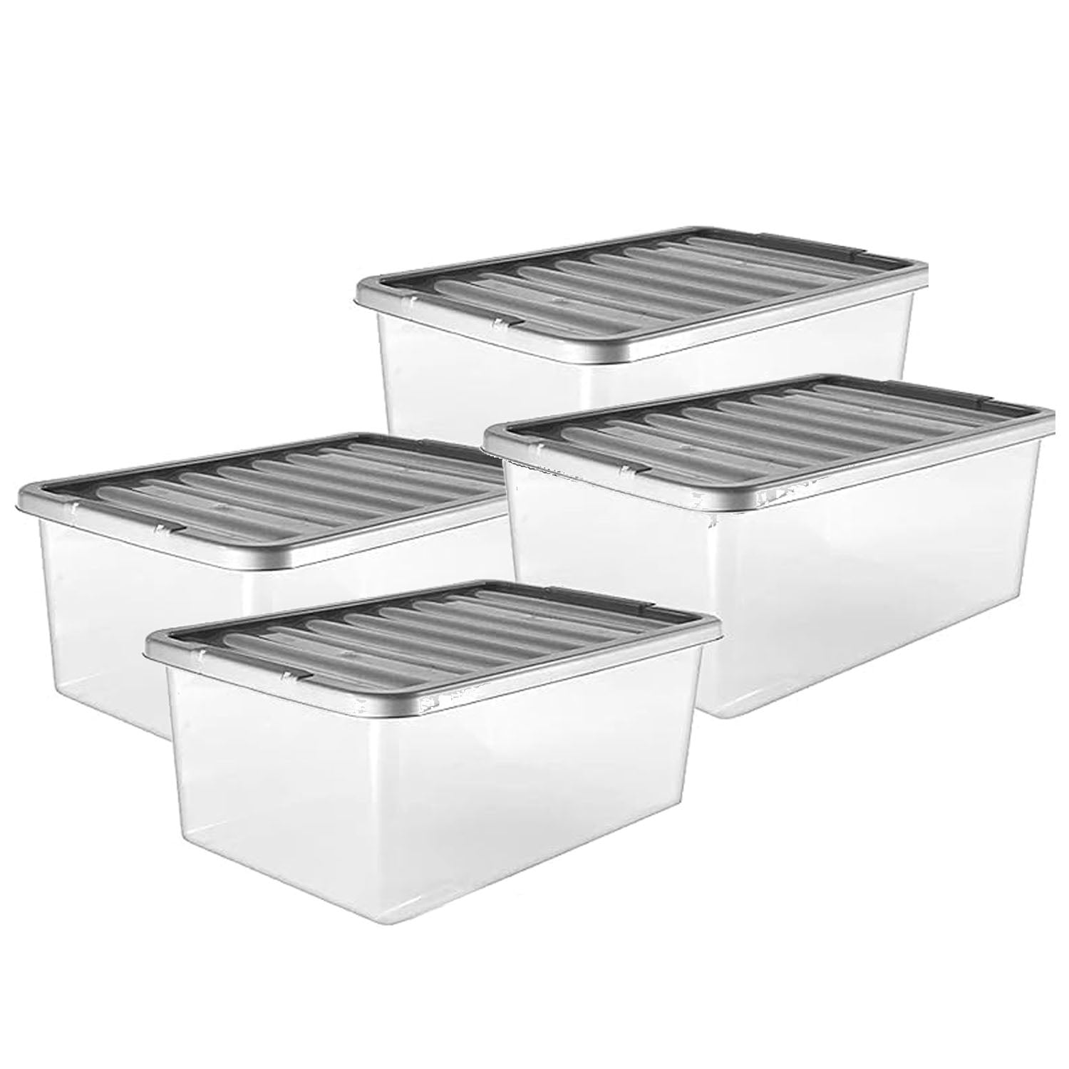 Multifunctional pack Of 4 Clear 32 Litre Storage Containers Complete With Silver Lids