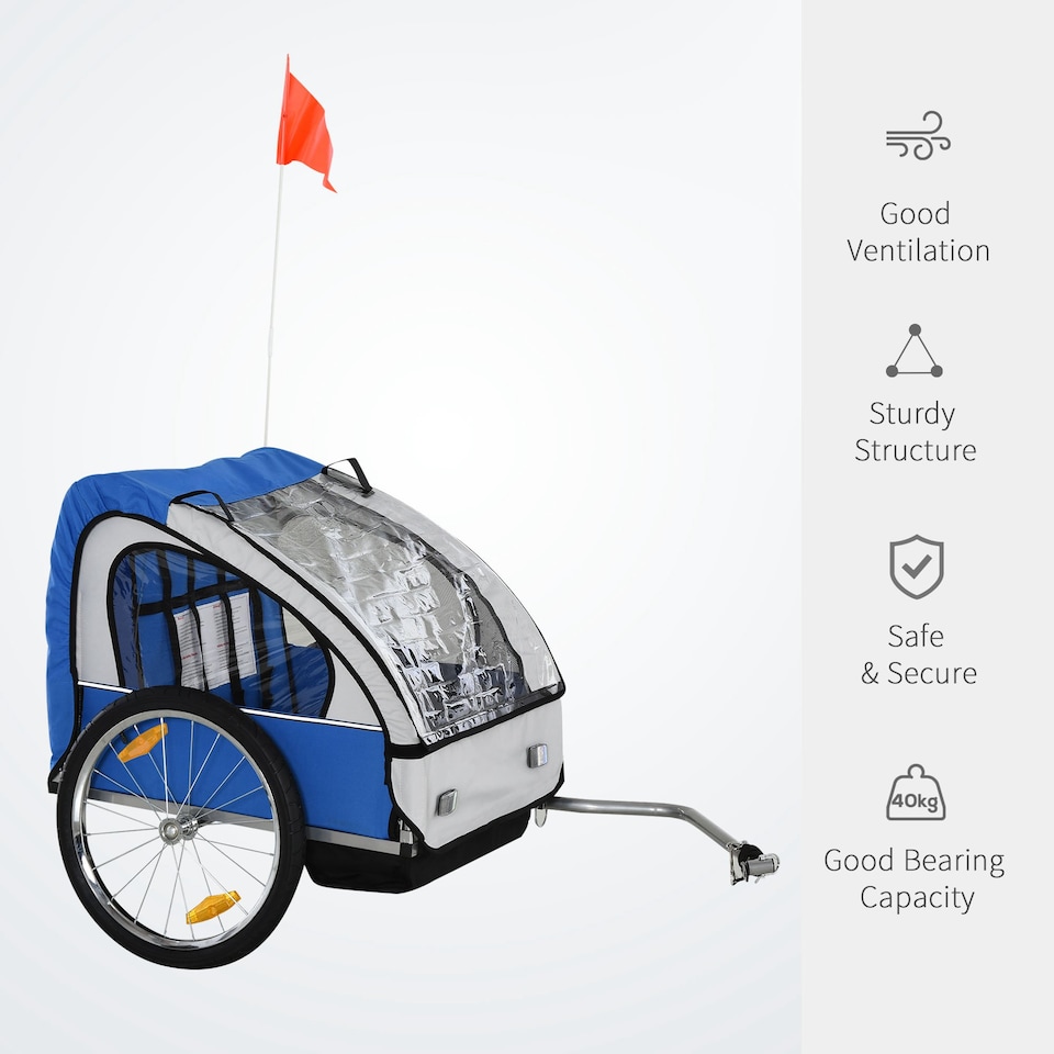 image 1 of HOMCOM 18m 2-Seat Child Bike Trailer for Kid w Steel Frame Seat Belt Blue