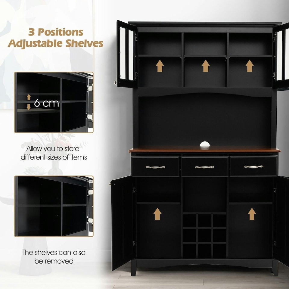 image 1 of COSTWAY Kitchen Cupboard with Adjustable Shelves and Drawers Black