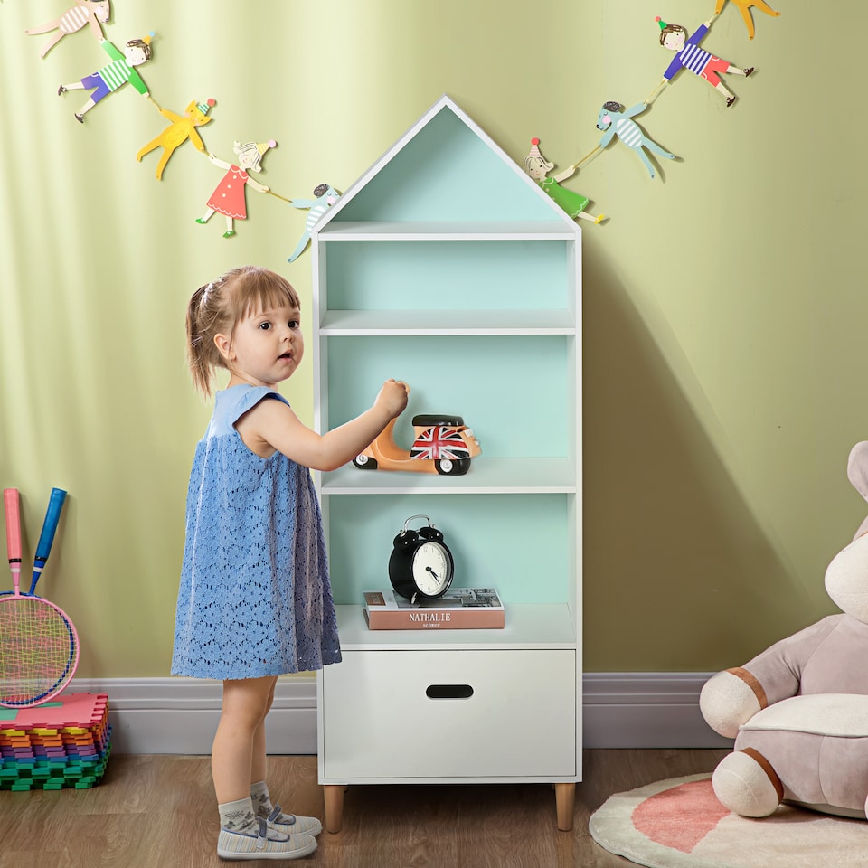 image 1 of HOMCOM Kids Children Wooden Bookcase w/Drawer Bedroom Furniture Bookshelf Storage Rack Display Unit Toys Games Organisation Cabinet Pink Blue Back Panel 50 x 30 x 142 cm