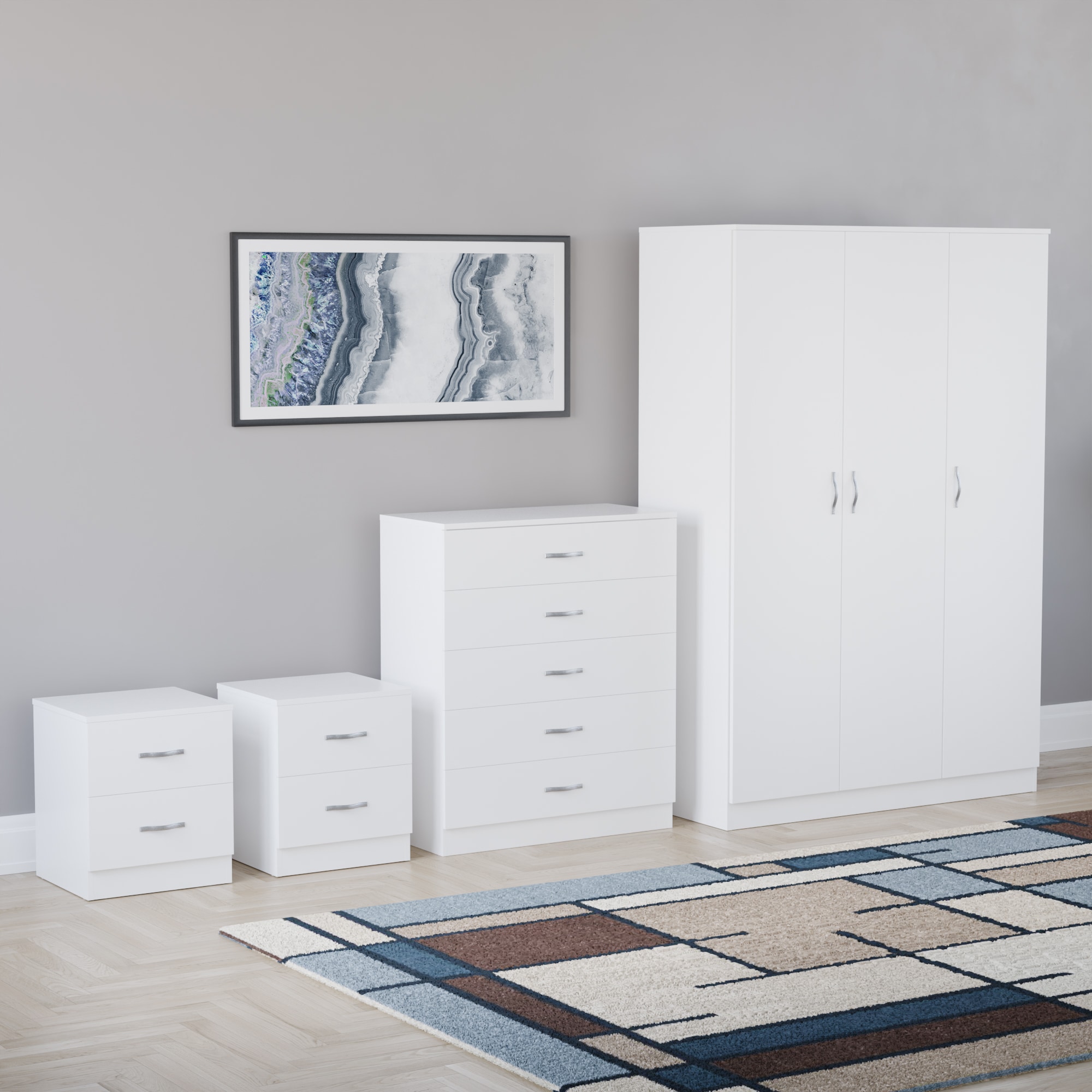 Vida Designs Riano 4 Piece Bedroom Set (2x 2 Drawer Bedside Chest, 5 Drawer Chest, 3 Door Wardrobe), White