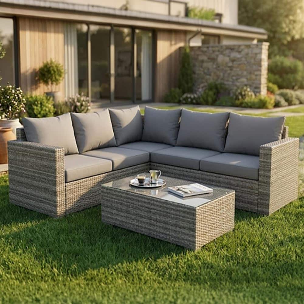Alivio 5-Seater PE Rattan Patio Corner Sofa Set with Table, Anti-UV Cushions