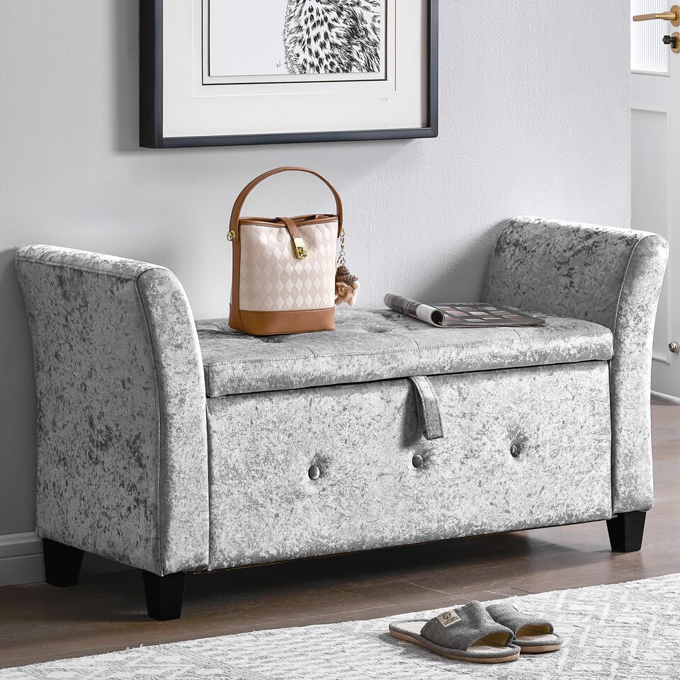 image 1 of Vida Designs Seville Storage Ottoman Bedroom Hallway Chest Bench, Crushed Velvet Silver | Silver | Silver