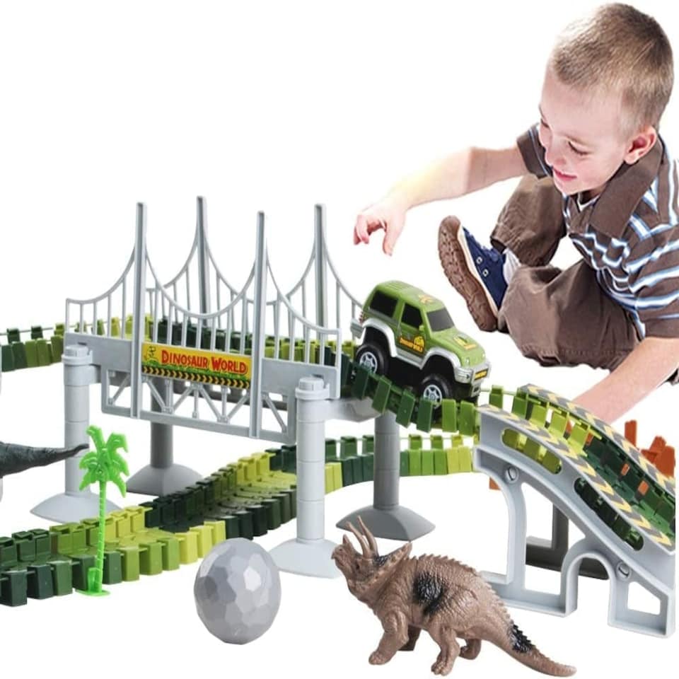 image 1 of Dino World Flexible Slot Car Race Track Set – 144-Piece Dinosaur Track Playset with Battery-Operated Car, Light-Up Features, Bridges & Accessories