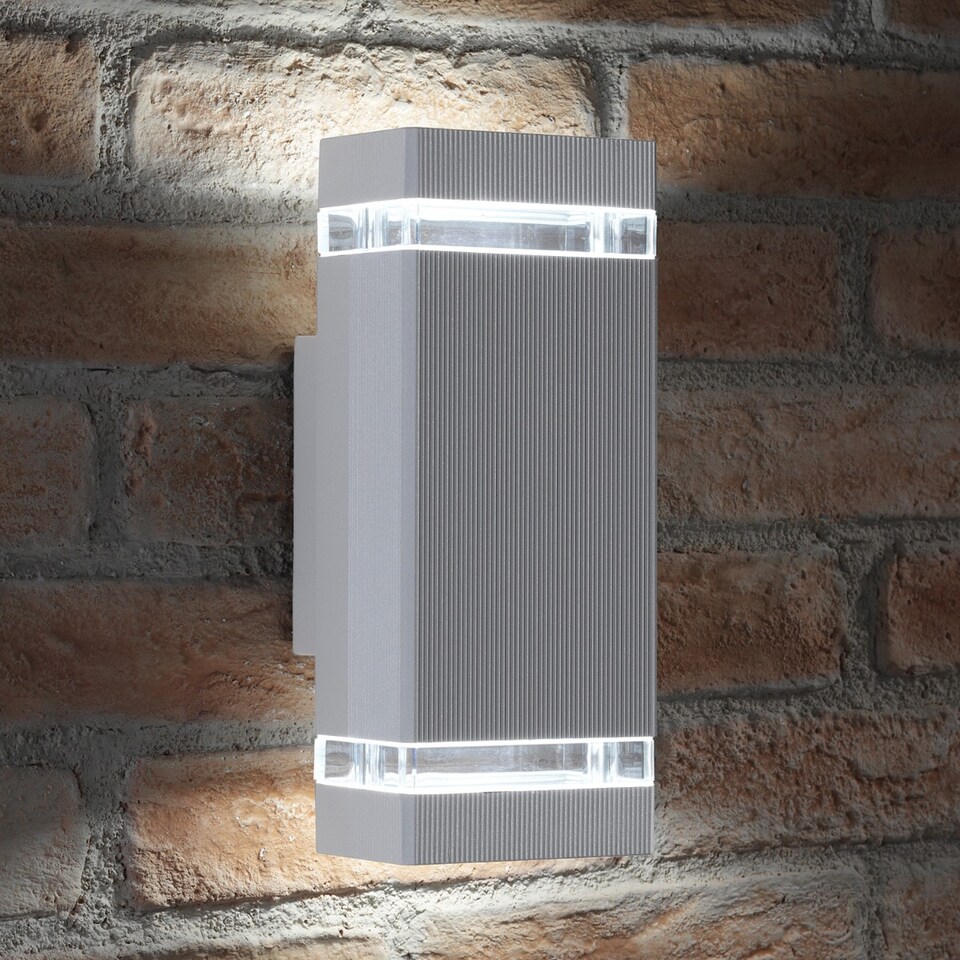 image 1 of Auraglow Outdoor Double Up & Down Wall Light - CHILTON | Silver | Silver/Warm White