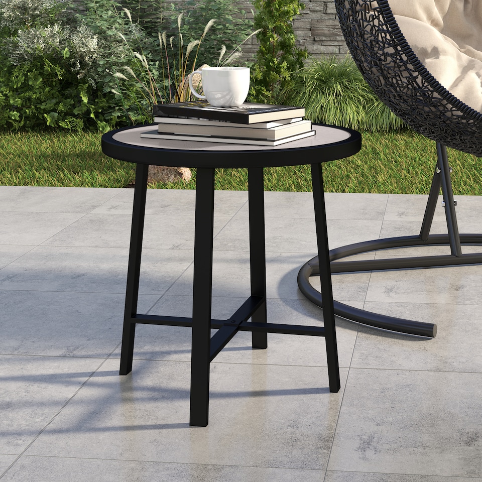 image 1 of Outsunny Round Small Garden Table, 50.5cm Outdoor Side Table with SPC Tabletop, Metal Frame and Anti-slip Foot Pads for Garden, Balcony, Grey Wood Effect | Grey | Grey