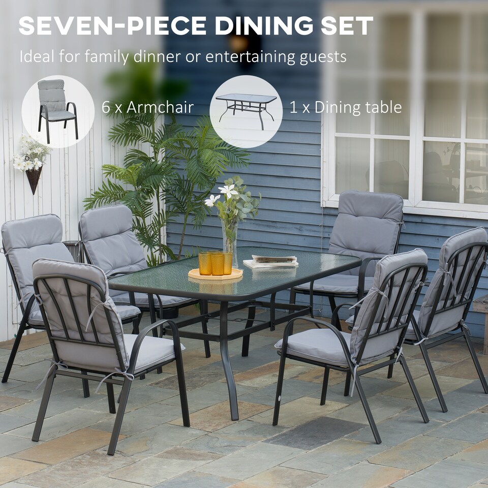 image 1 of Outsunny 7 Pieces Garden Dining Set, Outdoor Rectangular Dining Table and 6 Cushioned Armchairs, Tempered Glass Top Table w Umbrella Hole, Texteline Seats, Grey