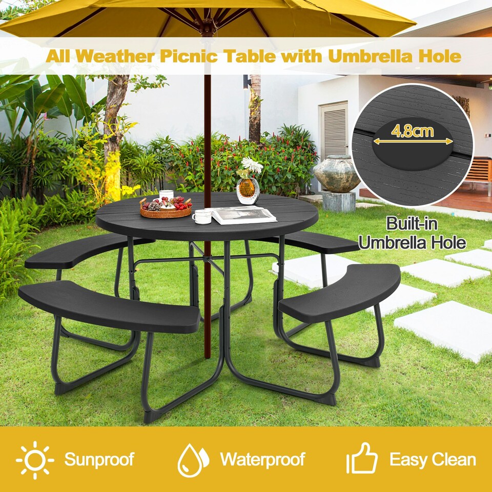 image 1 of COSTWAY 8 person Round Picnic Table Bench Set Picnic Table W/4 Benches