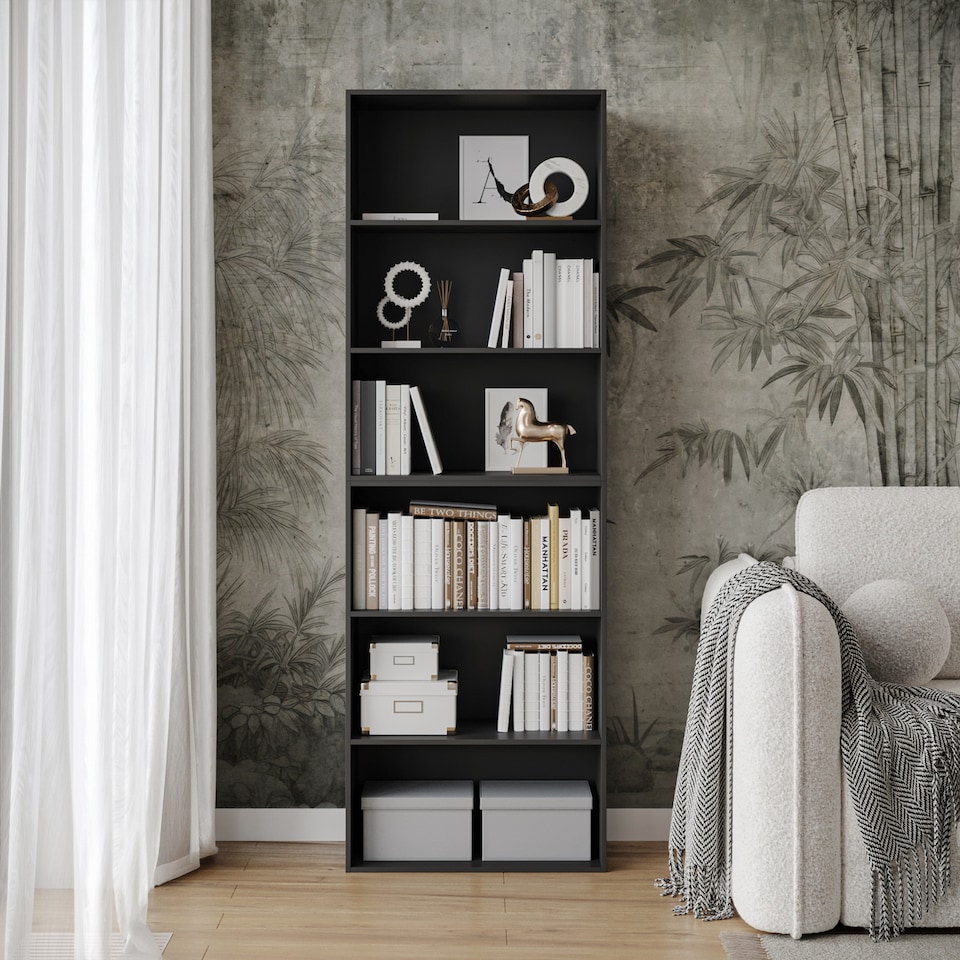 image 1 of Wide 6-Tier Bookcase | Black | 1