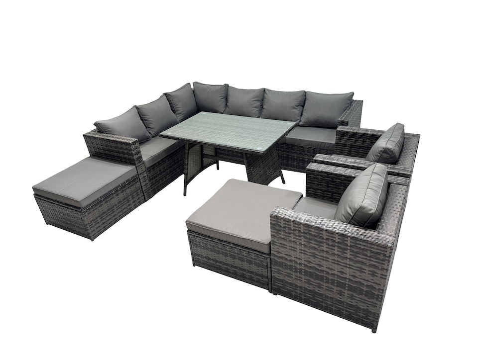 image 1 of Fimous 10-seater Outdoor PE Rattan Sofa Set with Dining Table Patio Garden Furniture Sets with 2 Chair 2 Big Stools Dark Grey Mixed
