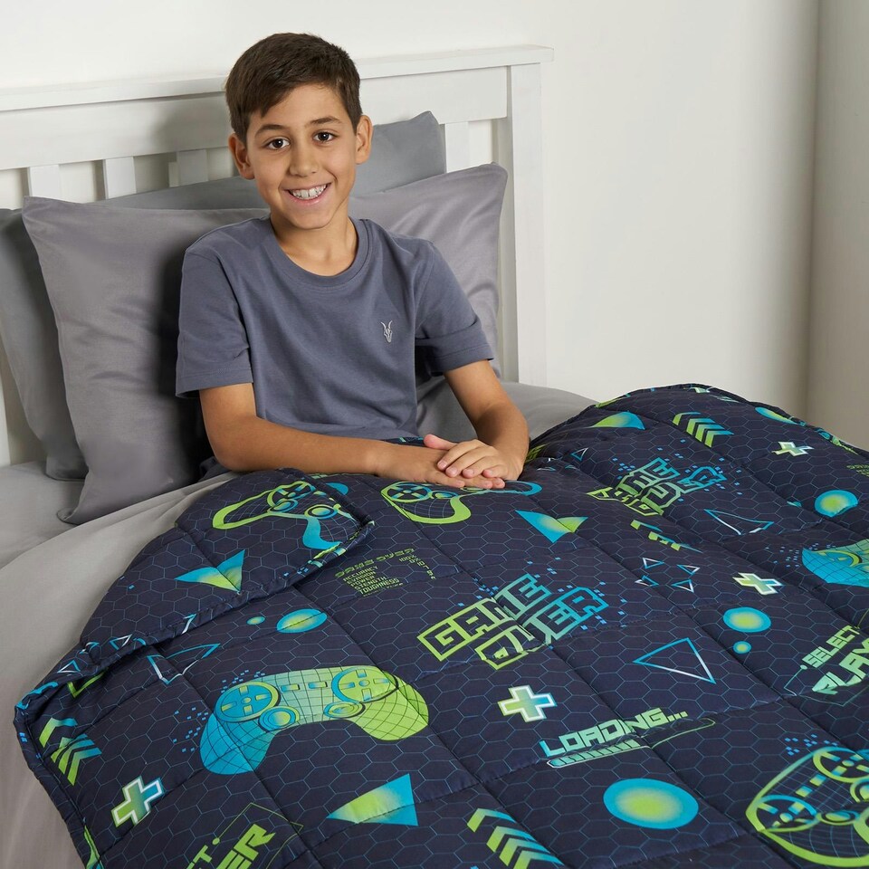 image 1 of OHS Kids Reversible Gaming Print Sensory Stress Relief Weighted Blanket 3kg, 100x150cm - Navy Blue