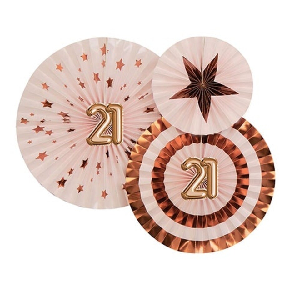 Age 21 Pink & Rose Gold Pinwheel Fan Hanging Decorations - Pack of 3