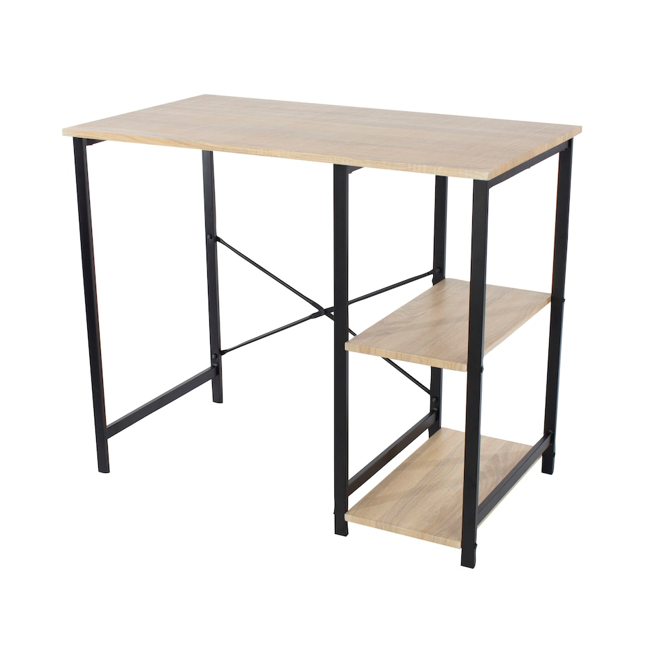 image 1 of Loft Home Office, Study Desk With Side Storage, Oak Effect Top With Black Metal Legs Brown