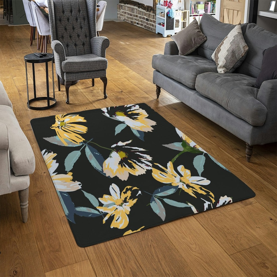 image 1 of Yellow Flowers on Green (Rug) Yellow | Large: 140x200cm