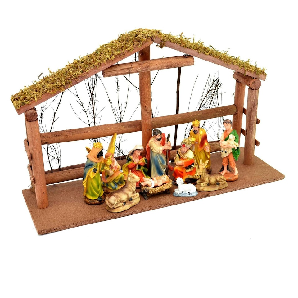 image 1 of LARGE Handmade Nativity Scene Birth Jesus Christ Wooden Stable Figurine House Sculpture Christmas Decoration Xmas Décor, W