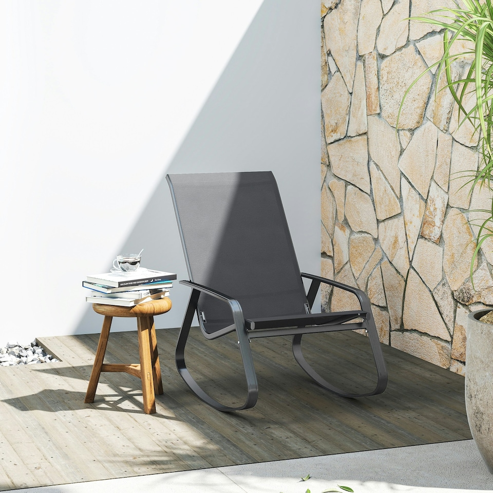 image 1 of Outsunny Garden Rocking Chairs with Armrests, High Back, Grey