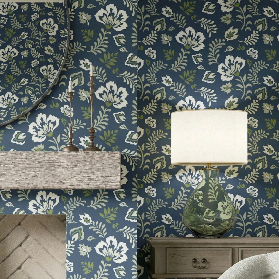 image 1 of Folk Foliage Wallpaper in Navy and Sage Multi