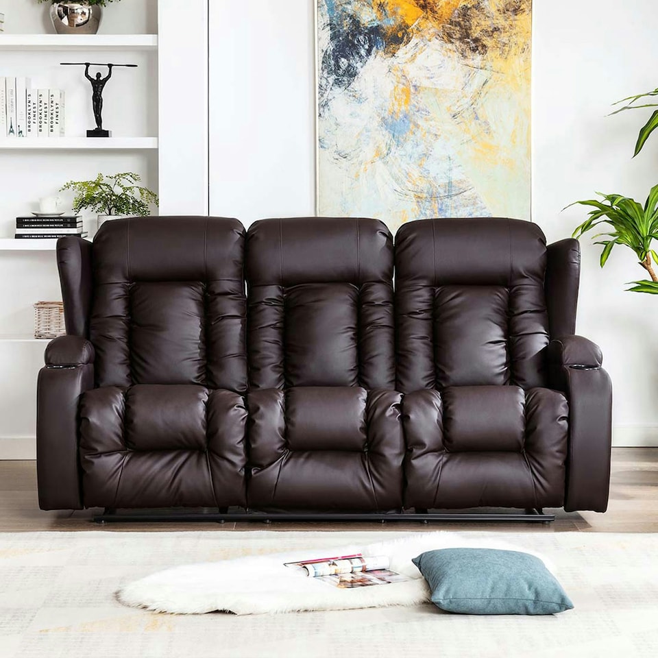 image 1 of Caesar 3 Seater Manual High Back Bonded Leather Recliner Sofa (Brown)
