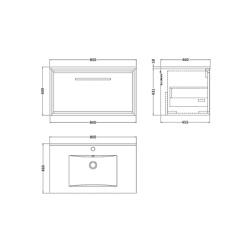 image 1 of Balterley Longnor 1 Drawer Wall Hung Vanity Unit with 1 Tap Hole Minimalist Basin, Woodgrain Graphite Grey, 800mm