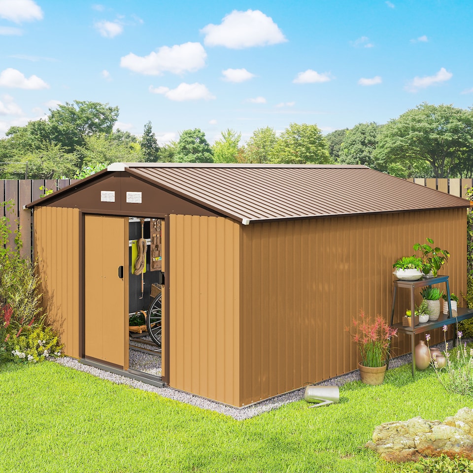 image 1 of Outsunny 13 x 11ft Metal Garden Shed, Outdoor Storage Tool House with Ventilation Slots, Foundation Kit and Lockable Double Doors, Light Brown