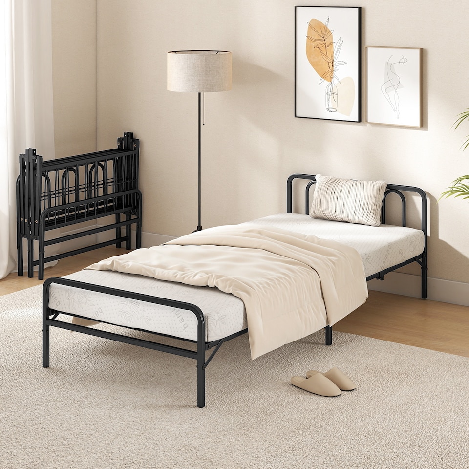 image 1 of COSTWAY Foldable Bed Frame Portable Folding Bed with Headboard   Footboard Black