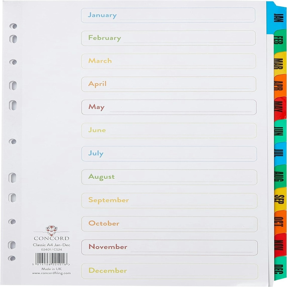 image 1 of Concord Index Jan-Dec A4 White with Multicoloured Tabs